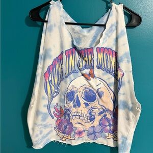 Tie-Dye Skull Graphic Cropped Tank Top - Blue & White